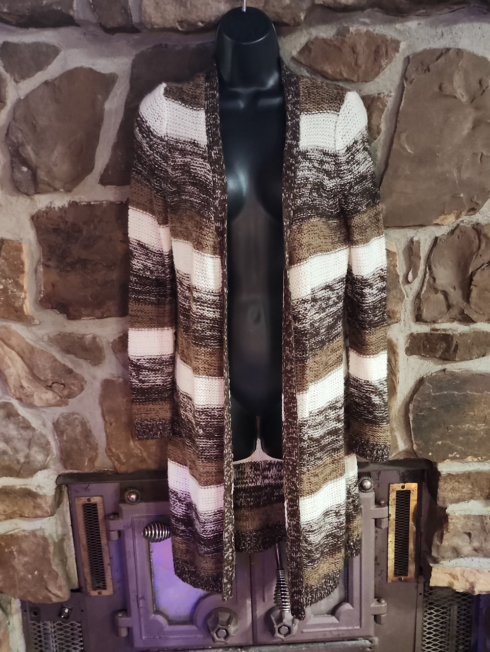 No Boundaries Brown & Cream Striped Open-Front Knit Cardigan